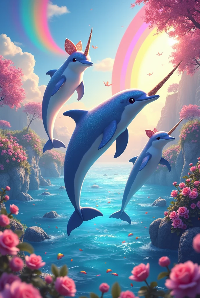 Fabulous themed dolphins with rainbows and cute colorful things and cute glitter and more realistic and fabulous rainbows and unicorns , more realistic and more brightness more illumination more light