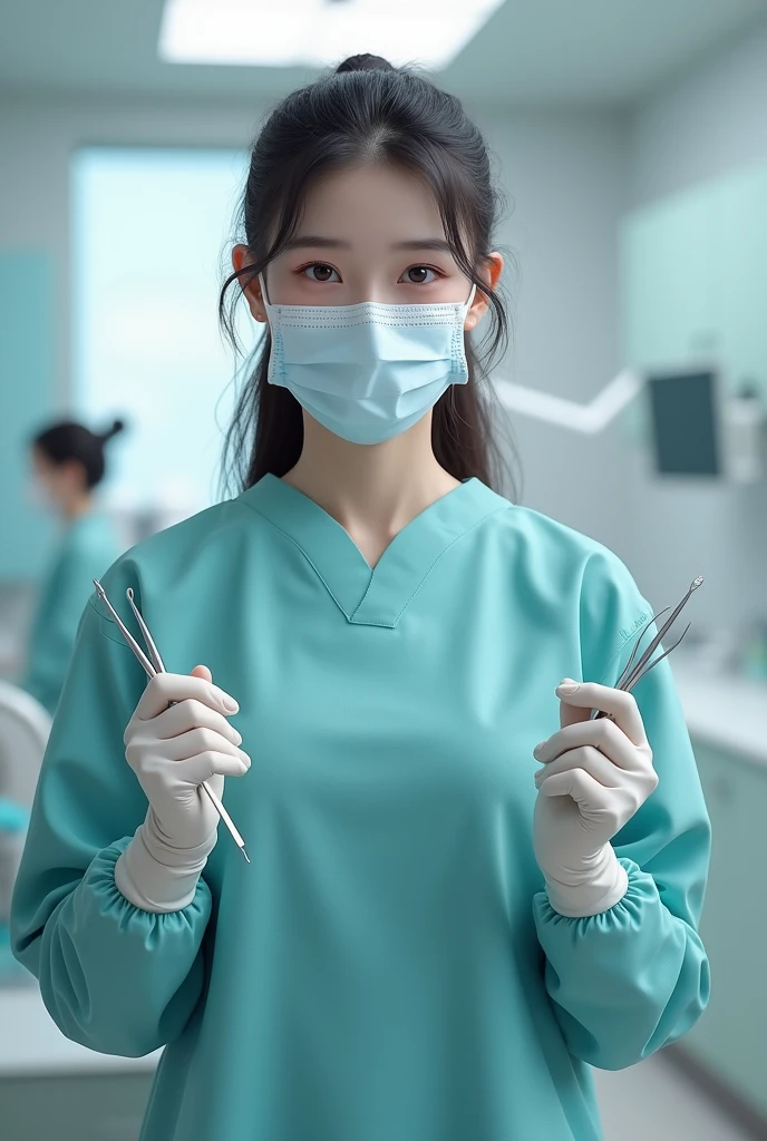 1 girl young Korean, ((Gloves on the elbows)), ((surgical gloves)), ((rubber gloves)), ((long sleeves)) ((medical mask)) ((face shield)) ((dentistа костюм)), I'm looking at the viewer, ((dentist)), standing, One, кабинет dentistа, tools in hands