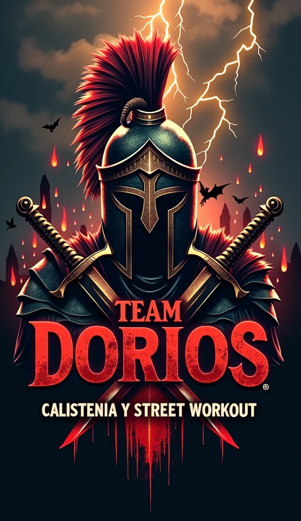 I want you to create a typical logo for an elite calisthenics athlete team..
To detail the idea The Logo Should have a Greek warrior helmet with 2 swords in front of it in X, The background will be like a dungeon of the underworld, dark and with flames that express lament, anger and fear. With Dragons Flying In The Distance And Thunder Falling With The Words Of "Team Dorios" In front of the logo, Big letters with blood that inspire respect and inspiration and in the lower part of the image I want you to put the words "Calistenia Y Street Workout" With Radiant Matte Colors, That Generate Respect, Motivation and Inspiration"
