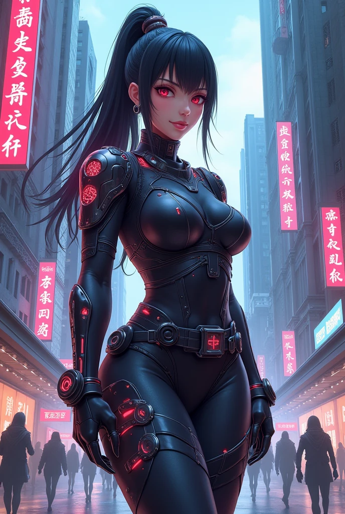 beautiful woman, (big breasts:1.3), futuristic kunoichi, techwear with traditional influence, recon mission, metropolis scenery, anime illustration, photorealistic, fantasy, comic, manga, perfect body proportions with generous curves