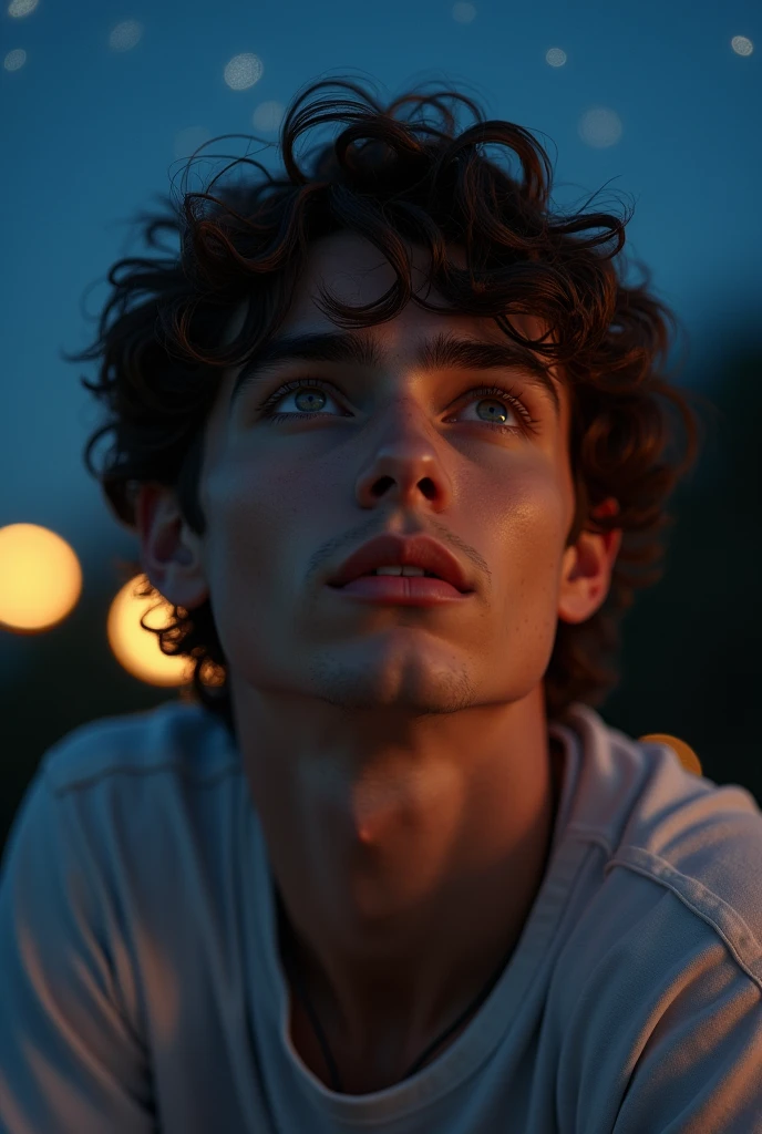 (photorealism:1.2), beautiful 23 year ol men with curly hair, big eyes, similar to timothee chalamet, sitting at night looking out the stars