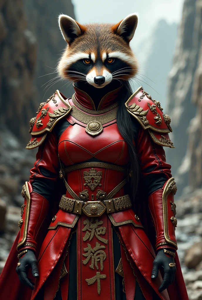 a female raccoon in red war gear/gilded