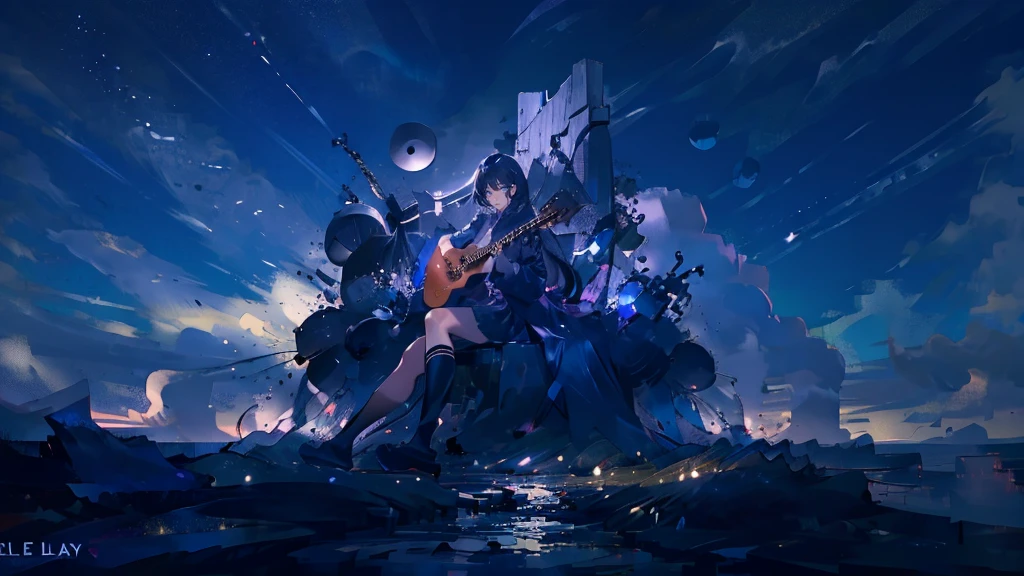 masterpiece,night,(dark alley),star、Night evening Sky、milky way、octone、
(1. Female), (solo), Knee hugging sitting,acousticguitar