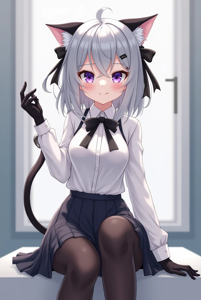 anime aRtwoRk, scoRe_9, scoRe_8_superior, scoRe_7_superior, scoRe_6_superior, scoRe_5_superior, scoRe_4_superior(\lin ni te\), 1girl,animal ears, purple eyes, solo, gloves, breasts, pantyhose, bow, animal ear fluff,long sleeves, cleavage, skirt, cat ears, bangs, facial mark,, grey hair, small breasts, pleated skirt, black pantyhose, bowtie, medium breasts, black gloves, white shirt,1girl,,so beautiful, Absurd, alone, Happy,View your viewers,, Simple Backgroundthe,pov,