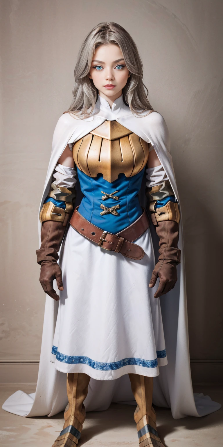 (masterpiece, best quality), 1girl, KnightFFT, long hair, SHITE SILVER hair, blue eyes, WHITE cape, armor, WHITE dress, belt, gloves, boots