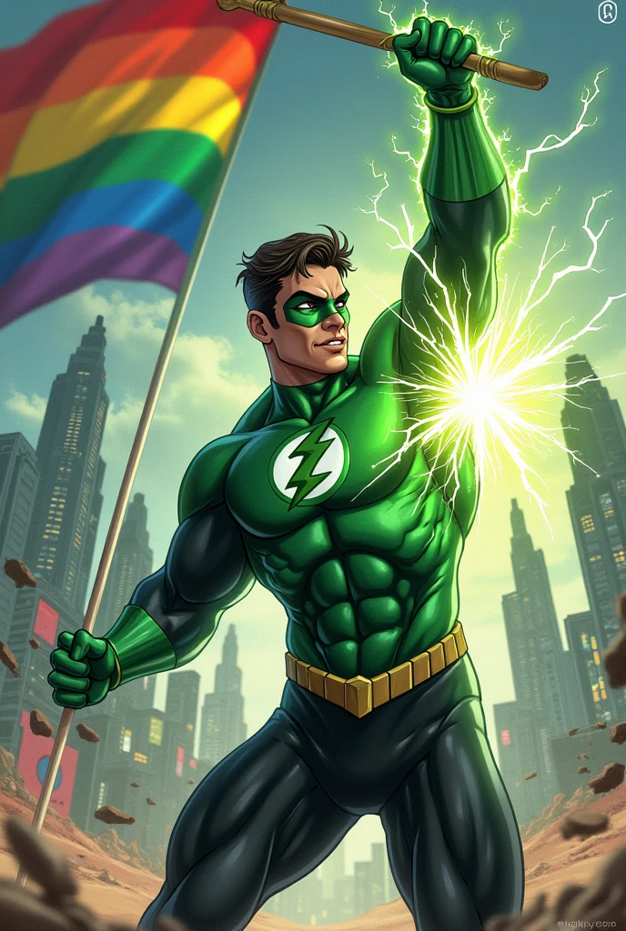Do the super shock with the green arrow holding an lgbt flag