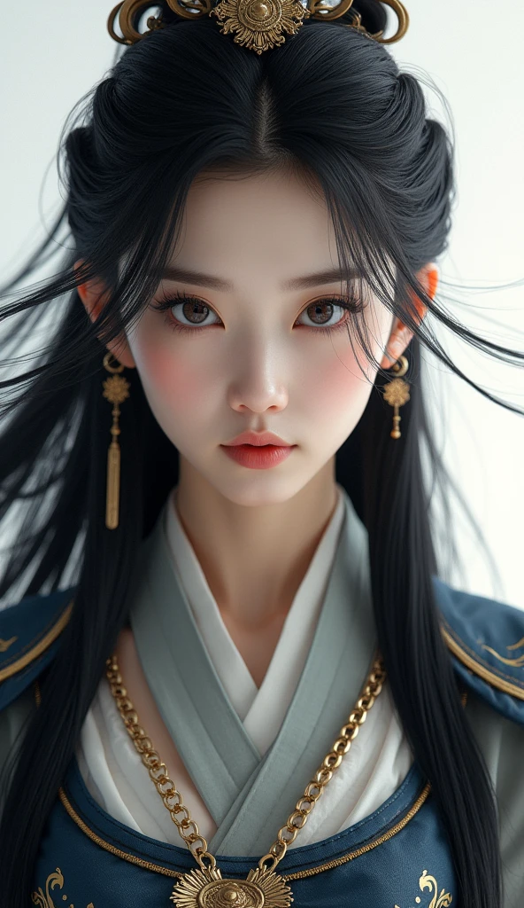 1 girl, beautiful detailed eyes, beautiful detailed lips, extremely detailed eyes and face, long eyelashes, elegant chinese armor, close up portrait, flowing black hair, traditional chinese hanfu dress, frontal view, (best quality,4k,8k,highres,masterpiece:1.2),ultra-detailed,(realistic,photorealistic,photo-realistic:1.37),cinematic lighting, dramatic ink splatter effects, white background, (movie poster), weapon
