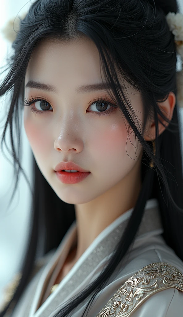 1 girl, beautiful detailed eyes, beautiful detailed lips, extremely detailed eyes and face, long eyelashes, elegant chinese armor, close up portrait, flowing black hair, traditional chinese hanfu dress, frontal view, (best quality,4k,8k,highres,masterpiece:1.2),ultra-detailed,(realistic,photorealistic,photo-realistic:1.37),cinematic lighting, dramatic ink splatter effects, white background, (movie poster), weapon
