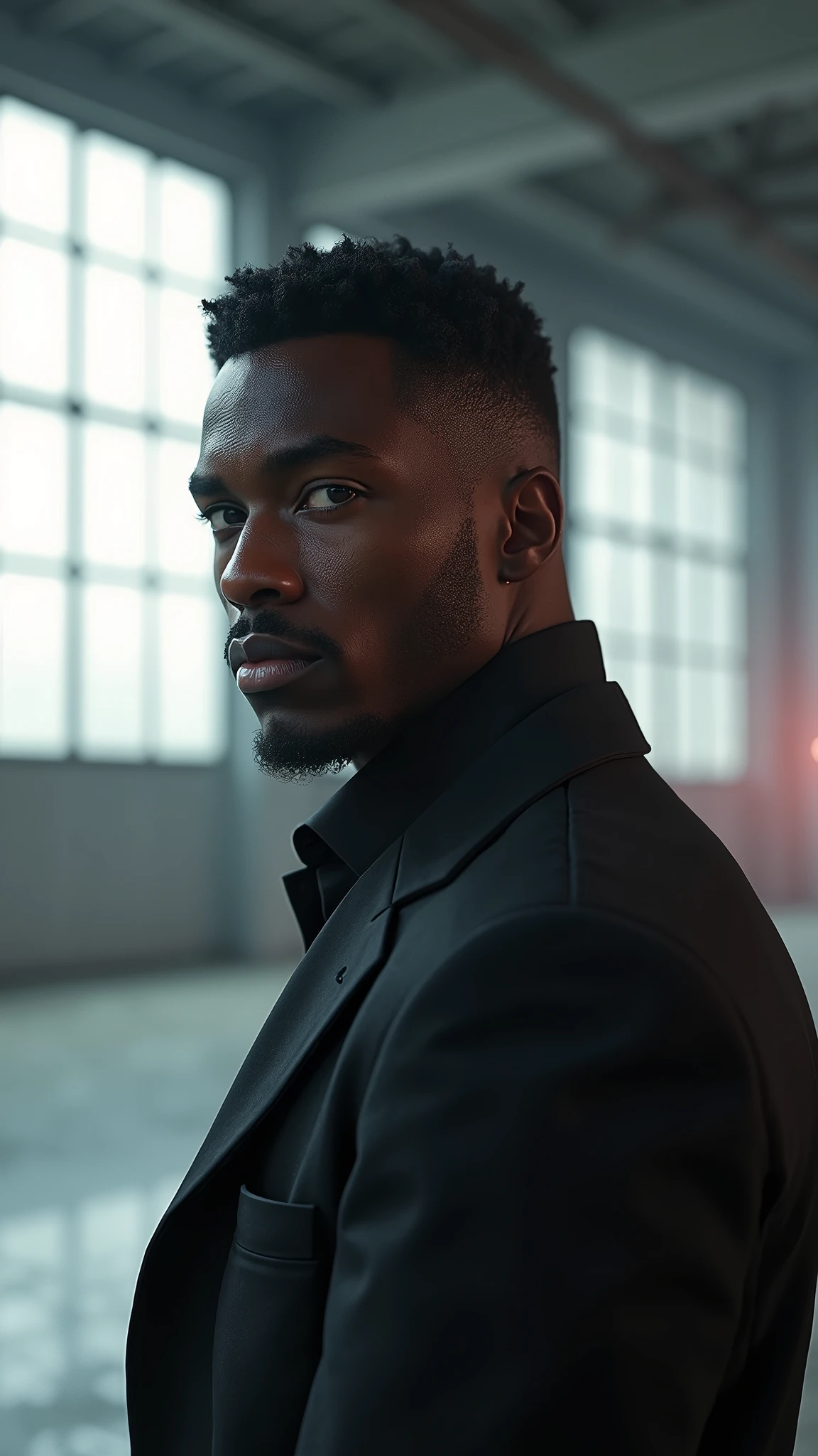 A black man with short black hair, detailed facial features, wearing a black and white outfit, surrealistic style, pastel tones, mid shot, dramatic lighting from large industrial windows, 16:9 aspect ratio, (best quality, 8k, highres, masterpiece:1.2), ultra-detailed, (realistic, photorealistic, photo-realistic:1.37), HDR, UHD, studio lighting, ultra-fine painting, sharp focus, physically-based rendering, extreme detail description, professional, vivid colors, bokeh, portraits, concept art