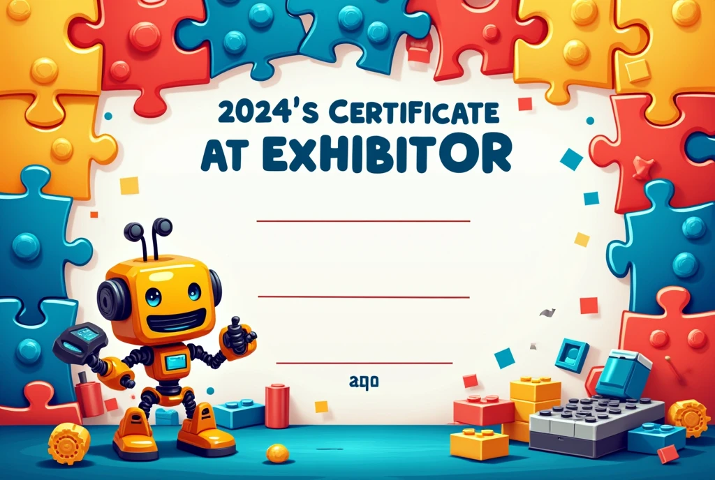 Create a children's certificate as an exhibitor at the 2024 Departmental Educational Technology Meeting., "robotecno". robot , vibrant colors. robot , programming, LEGO (most important image), puzzle pieces