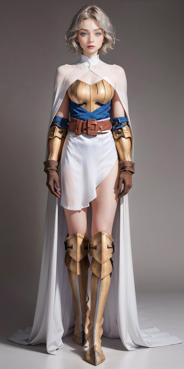 (masterpiece, best quality), 1girl, KnightFFT, SHORT BOB hair, SHITE SILVER hair, blue eyes, WHITE cape, armor, WHITE dress, belt, gloves, boots