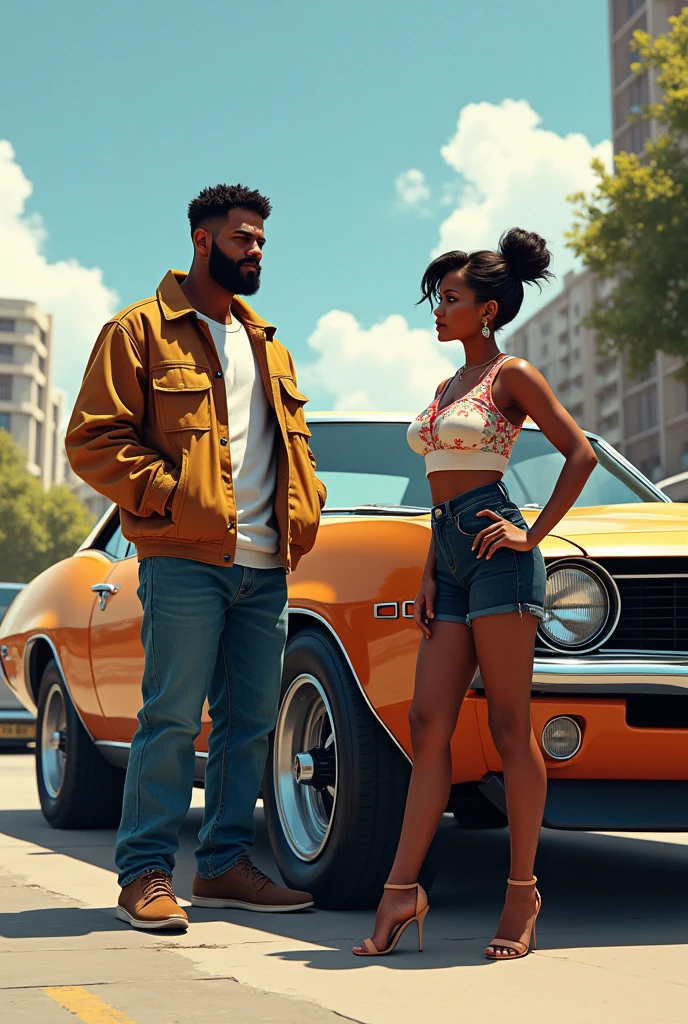 a chubby and brunette, next to a dark guy. A car in the middle. 2d image