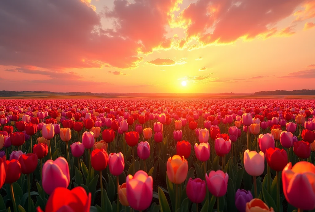vast plumaria and tulips field during sunset