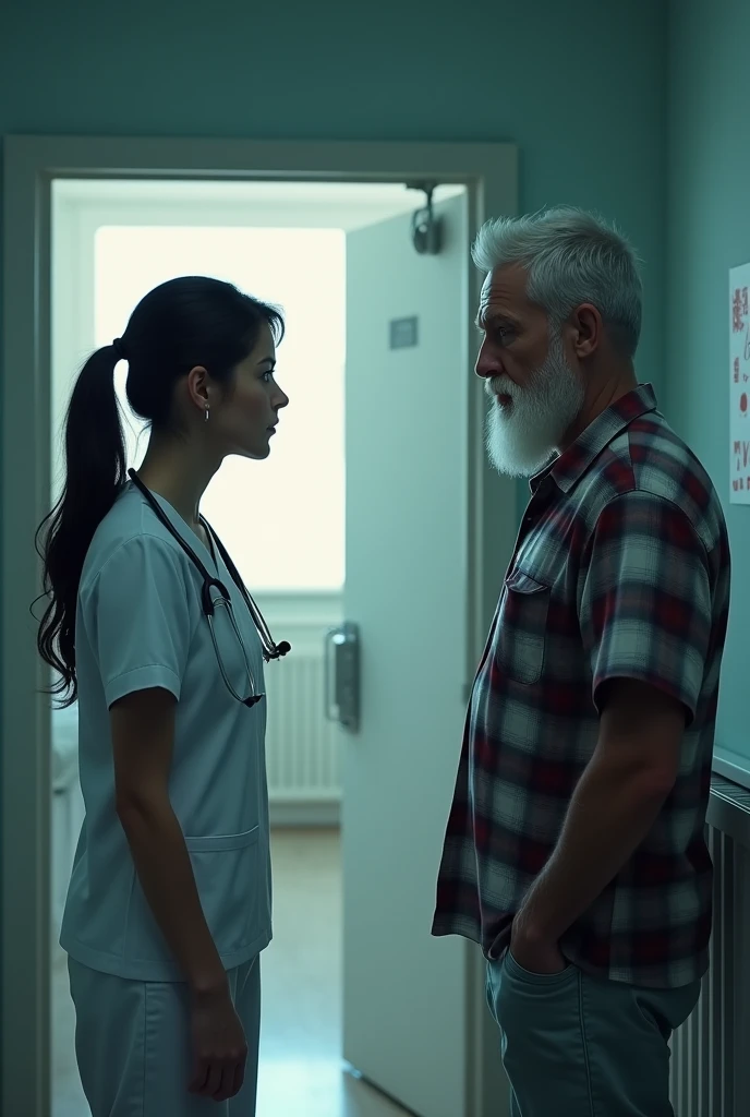 The Ponytail Nurse, Black haired man with a stethoscope asks the father of the to leave through the bedroom door, Jumps talking about their son's antisocial problems, The father appears dissatisfied, He has a plaid shirt, He has a white beard and hair. The nurse tries to comfort him
