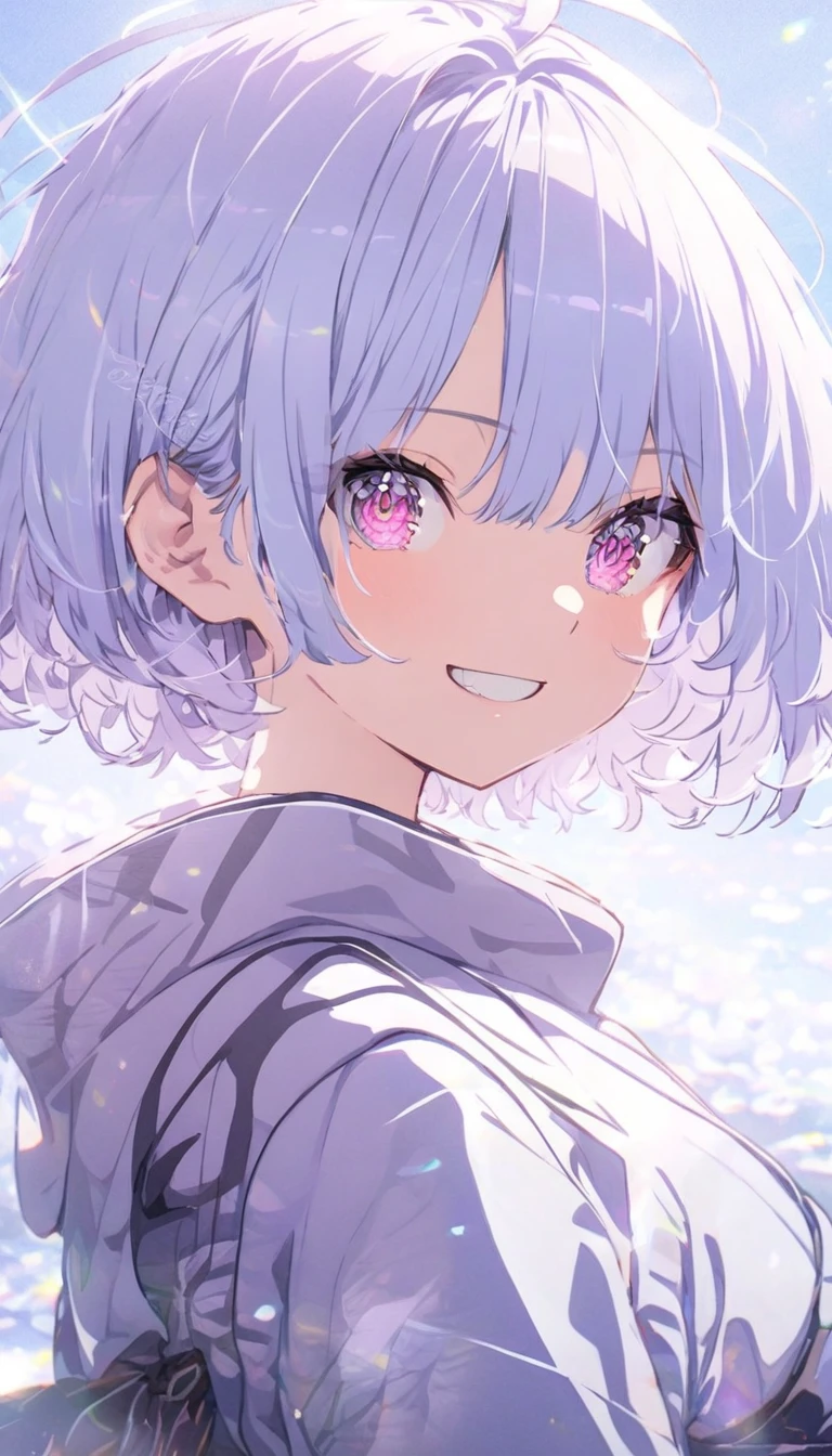 masterpiece, delicate eyes, itadori, white and light blue hair, short hair, light red eyes, cheerful face, upper body, Purple Mist