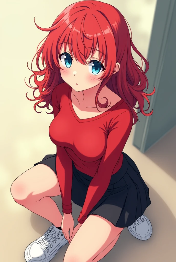 Anime girl with red hair and curly hair and blue eyes. With a red blouse that wasn't too low-cut with not-so-big breasts and a black skirt with white sneakers