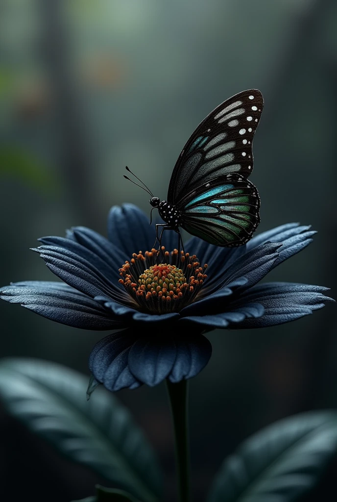 A black flower and a butterfly perched on it