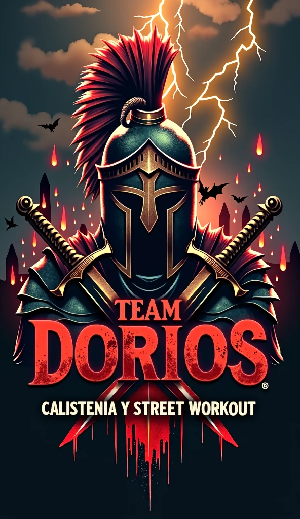I want you to create a typical logo for an elite calisthenics athlete team..
To detail the idea The Logo Should have a Greek warrior helmet with 2 swords in front of it in X, The background will be like a dungeon of the underworld, dark and with flames that express lament, anger and fear. With Dragons Flying In The Distance And Thunder Falling With The Words Of "Team Dorios" In front of the logo, Big letters with blood that inspire respect and inspiration and in the lower part of the image I want you to put the words "Calistenia Y Street Workout" With Radiant Matte Colors, That Generate Respect, Motivation and Inspiration"