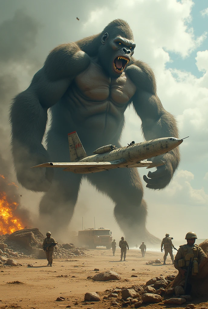 A king Kong crushing airplane, soldiers shooting in beach (war scene) 