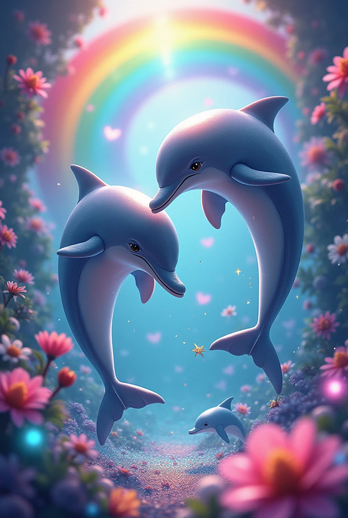 Fabulous themed dolphins with rainbows and cute colorful things and cute glitter and more rainbows and fabulous , more realistic and more brightness more illumination more light
