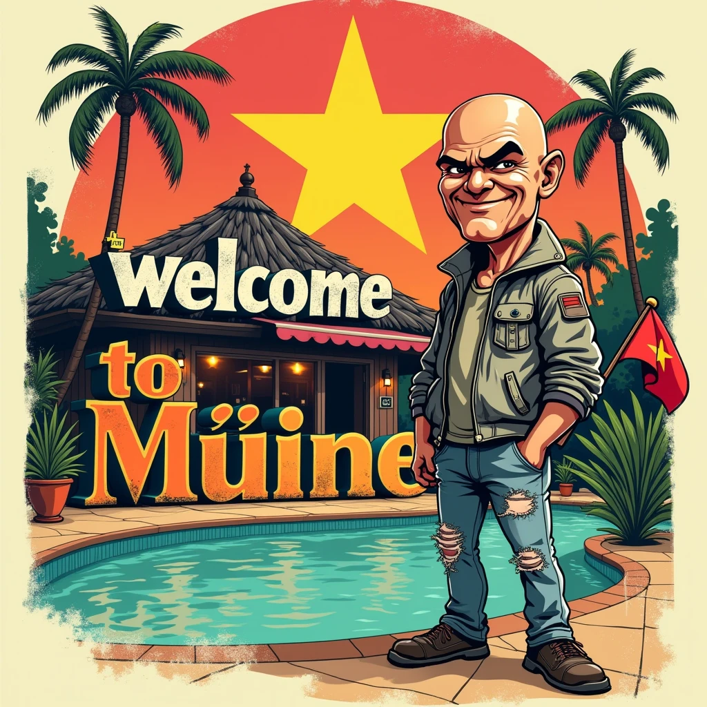 A vivid, high-contrast illustration of a propaganda-inspired masterpiece, featuring the bold, curved title "WELCOME to MUINE!!!" in a distressed, worn, sans-serif font with rustic edges, emblazoned prominently in front of a caricature of a man with a shaved head, a mischievous aura, and a subtle five o'clock shadow. He is set against a distressed, circular background that evokes the colors of the Vietnamese flag. His scowling expression, sly, smug smile, and raised eyebrows suggest a whimsical, enigmatic personality. He wears a worn, grey jacket with faded shoulder pads, and ripped, light-wash jeans, which add to his laid-back, carefree vibe. He clutches a miniature Russian flag in his hand, adding a touch of irony and sarcasm to the design. The man stands in front of a small, rustic, tropical bar in Vietnam, surrounded by a sun-kissed swimming pool with turquoise water and vibrant, lush greenery. The tropical setting features a rich, saturated color palette inspired by Eastern fusion and pop art, with hues of orange, pink, yellow, green, and brown, blending with turquoise and coral accents. The distressed, grungy edges aesthetically blend into a clean background with ample clean space around the main composition, bold, eye-catching elements, and ornate details make it perfect for ultra-high-resolution textile printing, exuding a playful, whimsical atmosphere with a touch of sarcasm and irony.