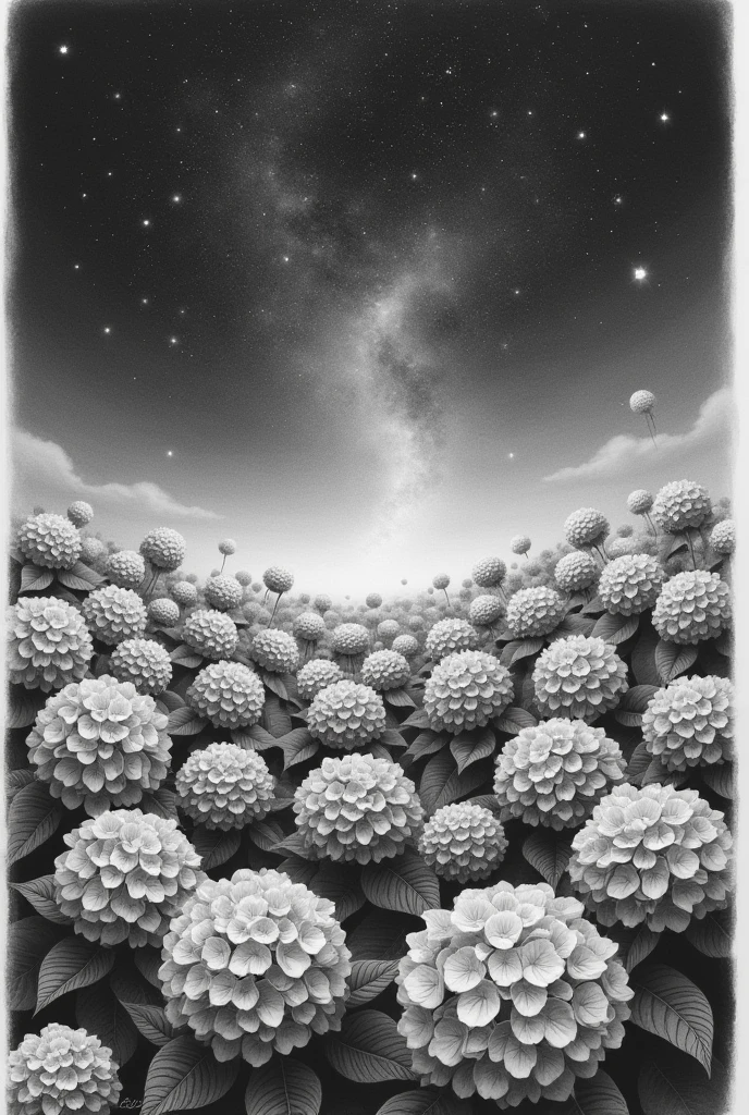 Graphite pencil drawing of a night sky in a field of hydrangeas