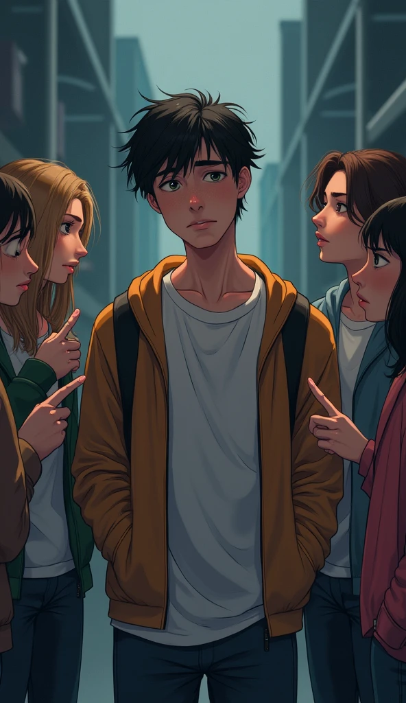 Sad young man, criticized by many people, bad breath, at school, after school, male and female friends, point, frightened, want to cry