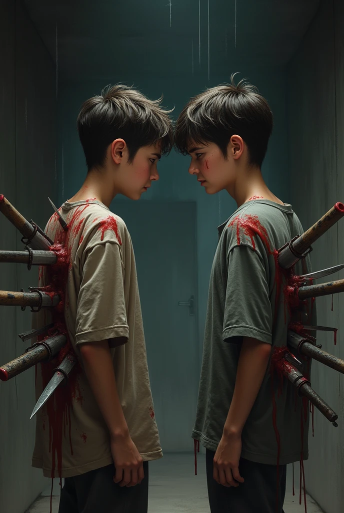 Show me two human boy and two of them have a lot of knife in their backs and they try to hide and saying to each other I am ok
