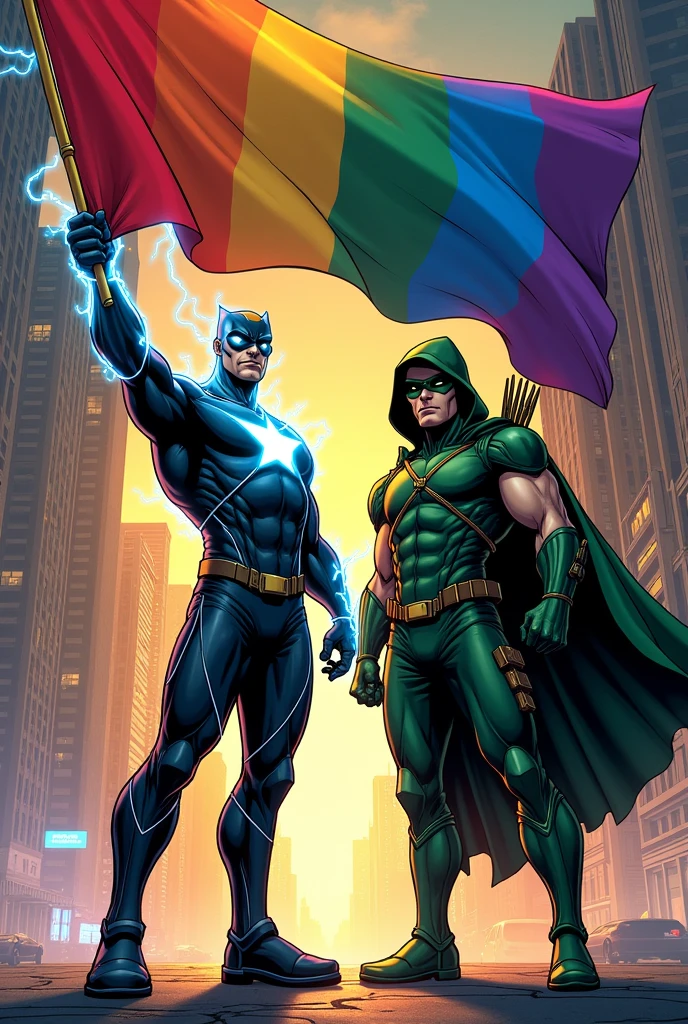 Do the super shock together with the green arrow holding an lgbt flag