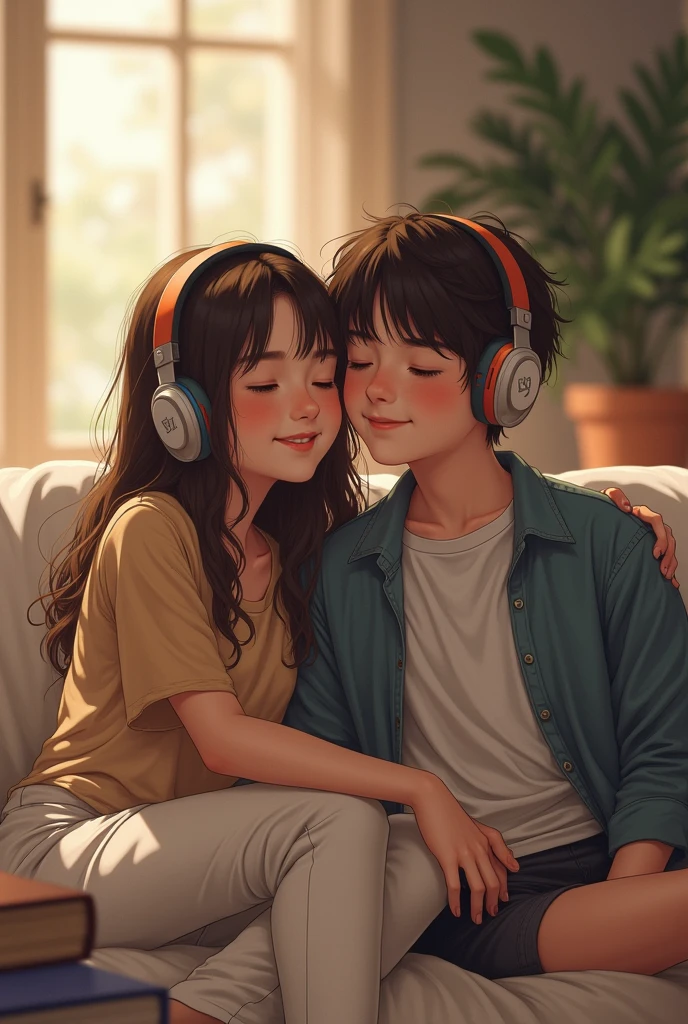 A young girl and young boy are listening a song in her /his own head phones creast a thumbnail for youtube like relax men