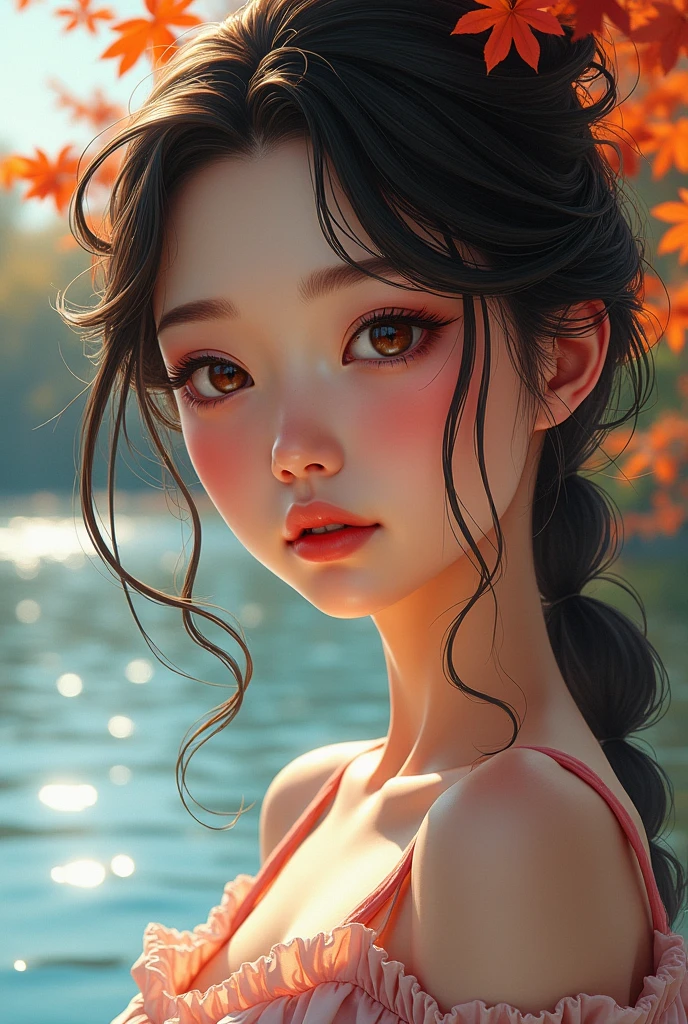 ((masterpiece)), ((Highest quality)), (Beautiful Japanese girl portrait), Eye for perfect detail, Face in perfect detail, Very elaborate nose, Open your mouth, ((Perfect muscle)), Perfect Teeth, Sharp body, Stuck clothes, Charm, Perfect Face, Dimples on cheeks, Depth of written boundary, High resolution, ((Incredibly realistic skin texture)), (Well-proportioned hands), Thin lips, Random color hair, Floating multicolored hair, Narrow waist, Autumn lake background