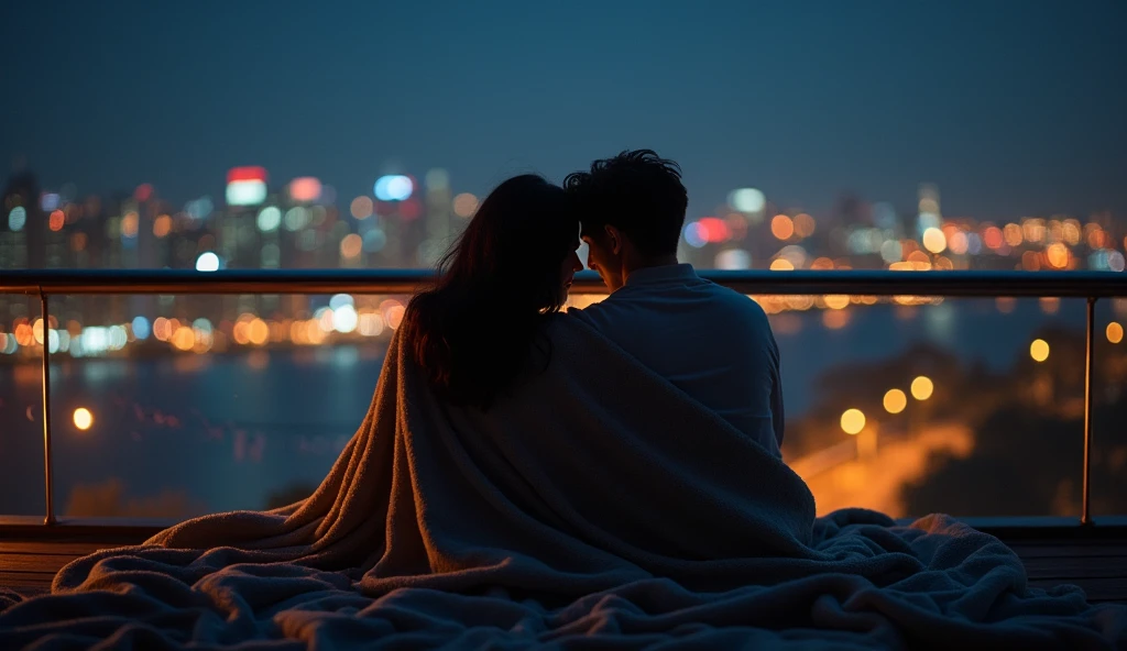 The couple is sitting on a balcony overlooking a cityscape at night. They’re wrapped in a cozy blanket, sharing a deep conversation, with city lights twinkling in the distance.
