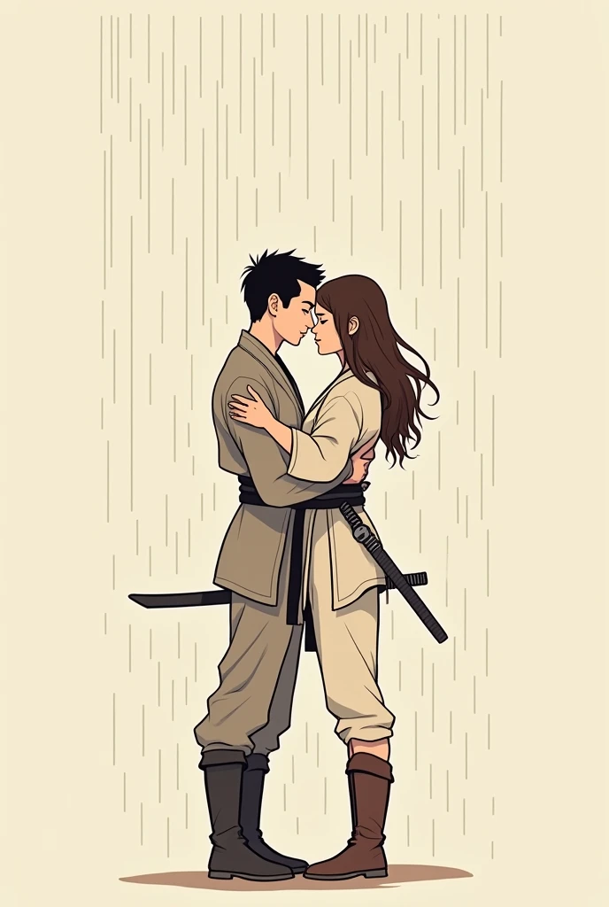 Create an art , minimalistic , Simpler ,  of a couple in love , under the rain , the woman with brown hair, medium wavy,  They are both martial arts fighters and are fighting, the woman has the baton, and the man with a dagger ,  and they love each other  , to be used in a tattoo
