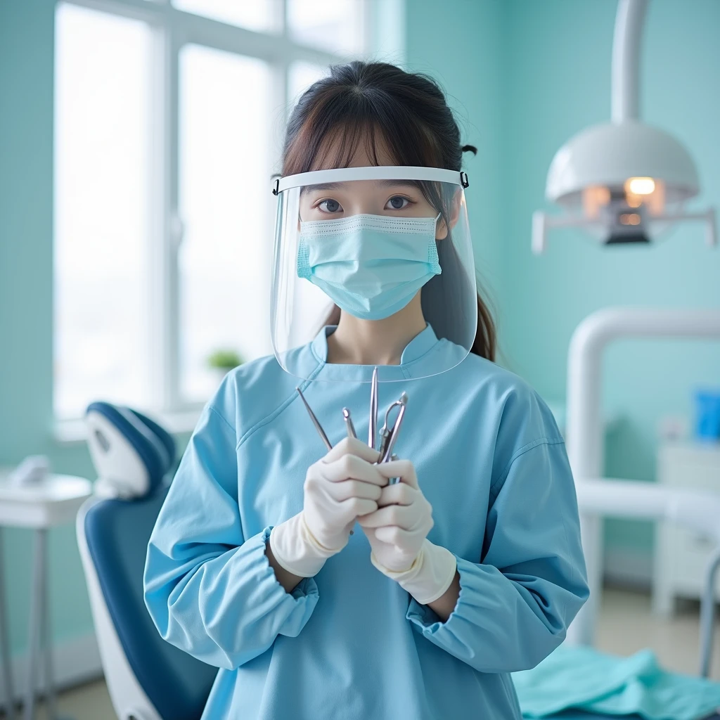 1 Korean girl, oves on the elbows)), ((surgical gloves)), ((rubber gloves)), ((long sleeves)) ((medical mask)) ((face shield)) ((dentistа костюм)), I'm looking at the viewer, ((dentist)), standing, One, кабинет dentistа, tools in hands