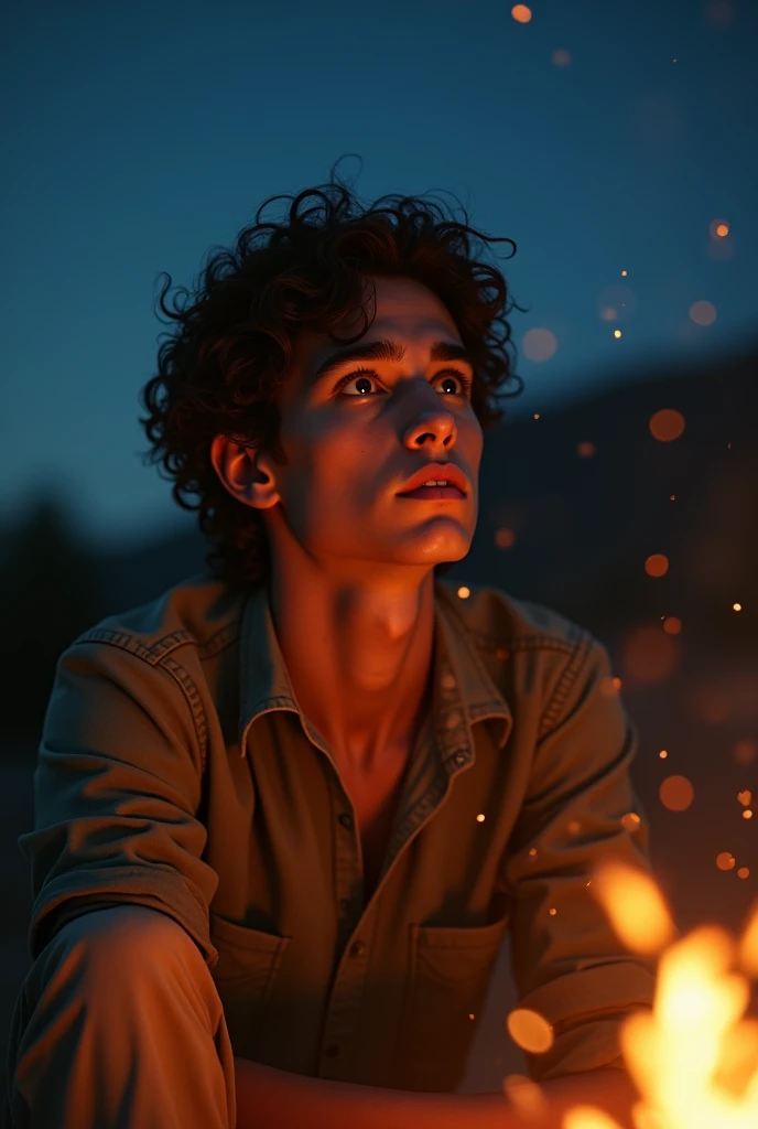 (photorealism:1.2), beautiful 23 year ol men with curly hair, big eyes, similar to timothee chalamet and thomas ceccon  sitting at night looking out the stars, near bonefire