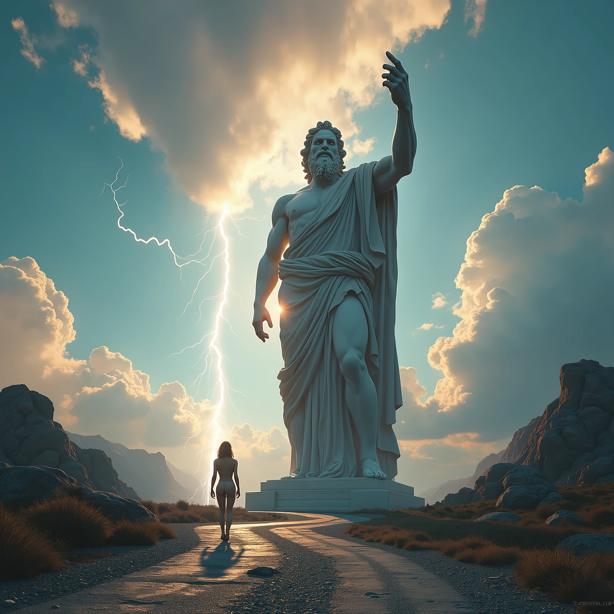 ((work of art)),(best qualityer)),greek style,in the universe,A huge statue of the God Zeus stands in space,Lightning in the sky, Sunnyday, Look to the camera,Zeus standing,Zeus holding the thunderbolt in his right hand, glimmering,glow effect, fully naked woman with big ass on the road,Hyper-Realism,hyperphotorealism,real photography,8k,High definition,high qualiy,work of art,very well, (((offwhite))),Discoloration,blurring,inking,8k,very well,high qualiy,(((oc renderer)))