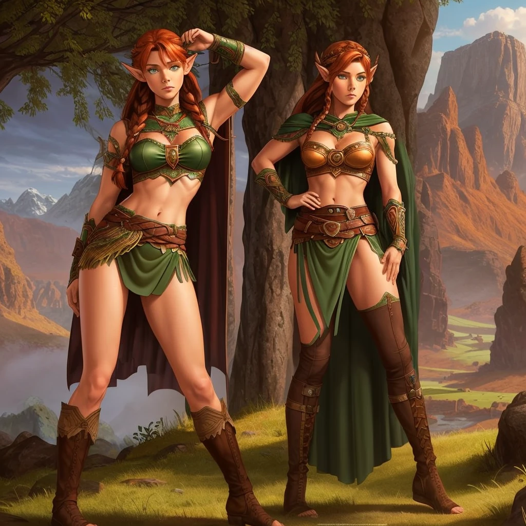 FULL BODY, perfect face, pretty face, elf, 1girl, mountains, auburn hair, viking top braid, green eyes, brown leather, (skimpy low skirt), bare arms, (bare stomach),  (bare pelvis) , bare arms, short brown cloak, dark, gritty, 