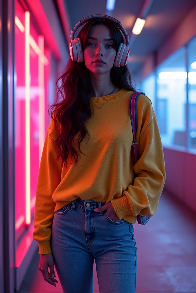 a young woman with long dark hair, blue eyes, medium height, wearing 80s style clothes, red sneakers, and headphones