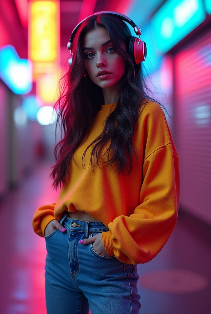 a young woman with long dark hair, blue eyes, medium height, wearing 80s style clothes, red sneakers, and headphones
