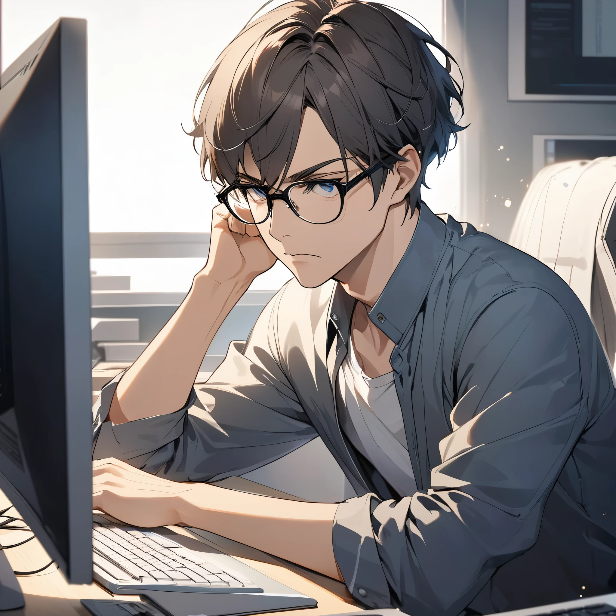 designing at a computer,Short hair, male, gentle image, wears glasses, serious