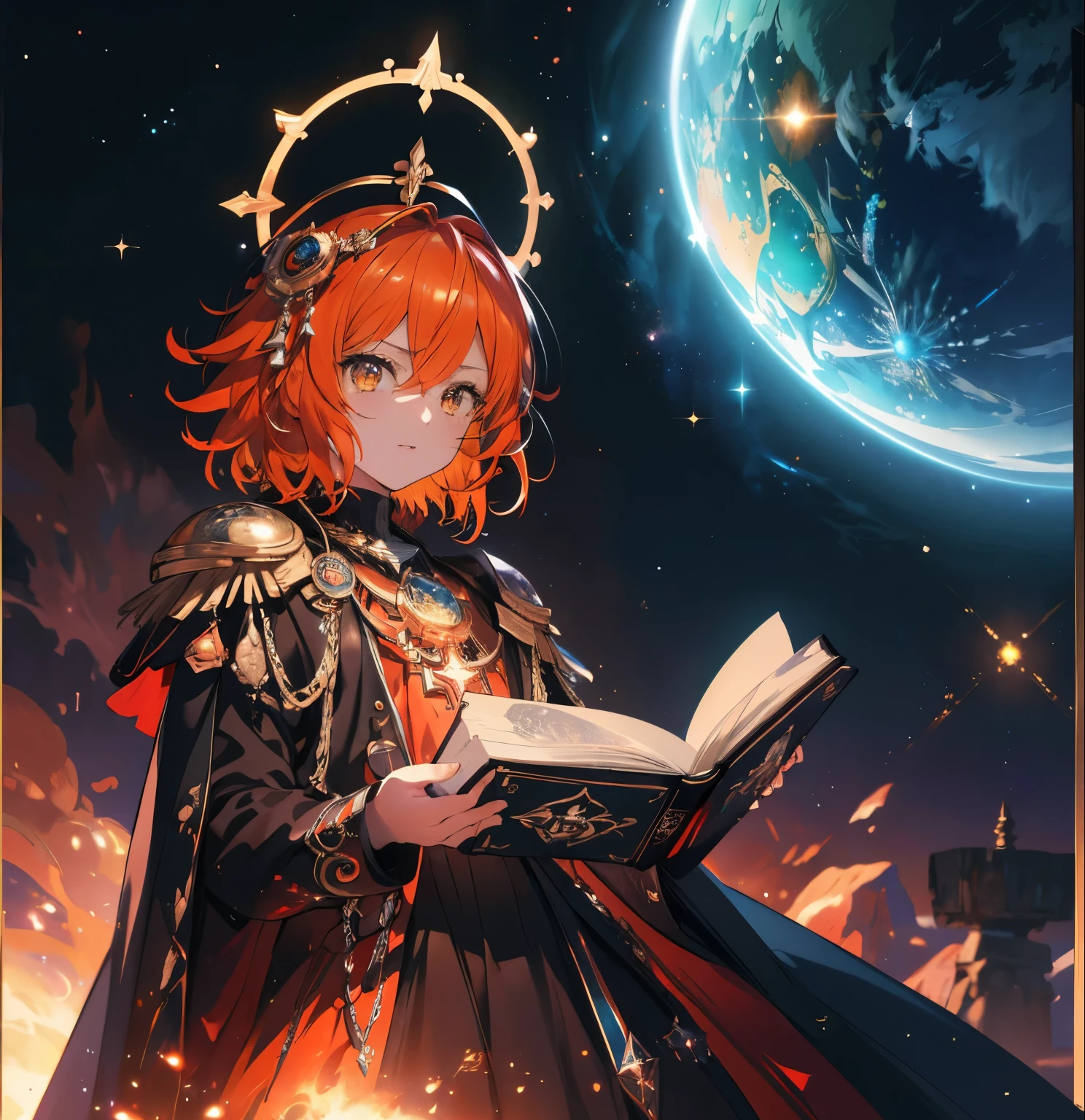 1girl, Fujimaru Ritsuka from Fate/grand order, orange hair, golden eyes, in a colorful cosmic nebula background with stars and galaxies, Warhammer 40k inspired, Ritsuka as a demonic prince, intricate details, flawless facial features, Holding the prophecy book in hand,Iron Halo, modest gothic attire, (best quality, 4K, 8k, highres, masterpiece:1.2), ultra-detailed, (realistic, photorealistic, photo-realistic:1.37), cinematic lighting, dramatic atmosphere, vibrant colors, digital art, fantasy, concept art style,
