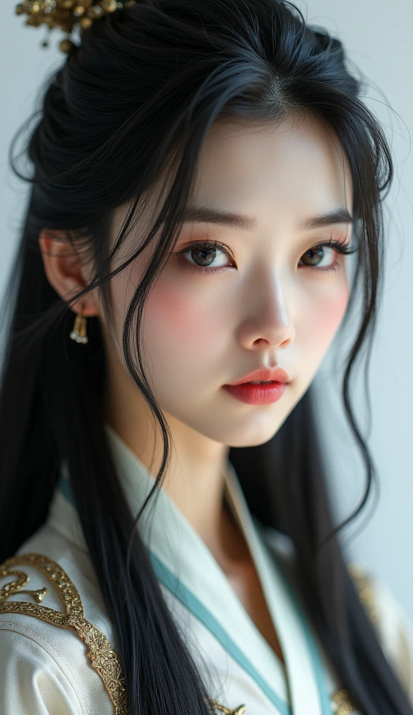 1 girl, beautiful detailed eyes, beautiful detailed lips, extremely detailed eyes and face, long eyelashes, elegant chinese armor, close up portrait, flowing black hair, traditional chinese hanfu dress, frontal view, (best quality,4k,8k,highres,masterpiece:1.2),ultra-detailed,(realistic,photorealistic,photo-realistic:1.37),cinematic lighting, dramatic ink splatter effects, white background, (movie poster), weapon