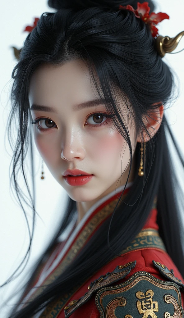 1 girl, beautiful detailed eyes, beautiful detailed lips, extremely detailed eyes and face, long eyelashes, elegant chinese armor, close up portrait, flowing black hair, traditional chinese hanfu dress, frontal view, (best quality,4k,8k,highres,masterpiece:1.2),ultra-detailed,(realistic,photorealistic,photo-realistic:1.37),cinematic lighting, dramatic ink splatter effects, white background, (movie poster), weapon