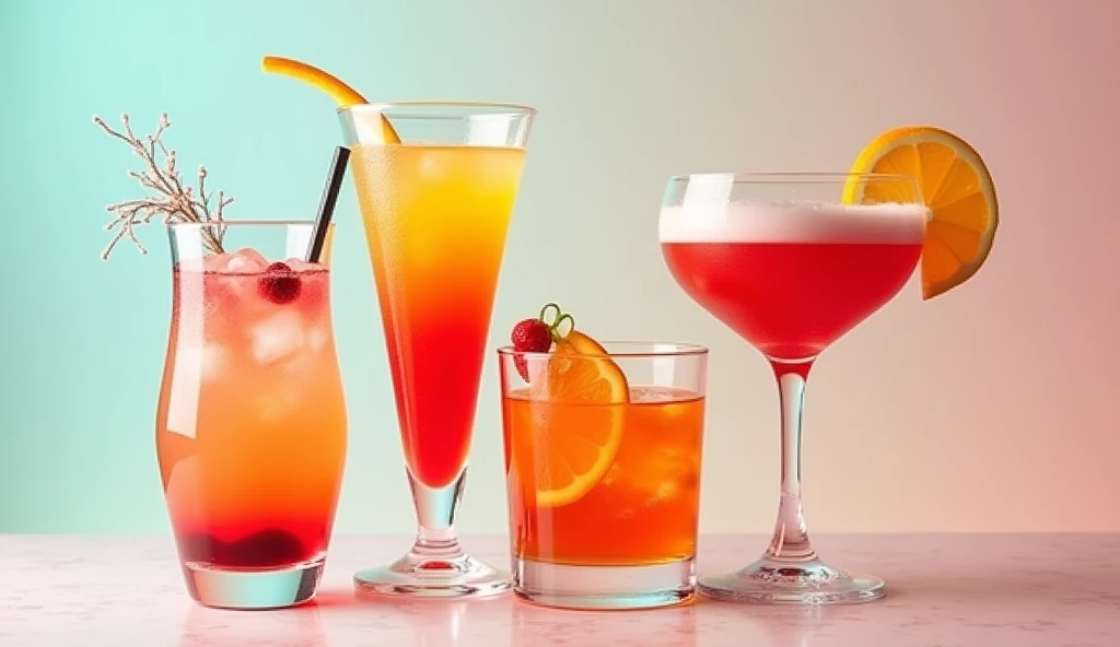 Several colorful cocktail, on a empty background