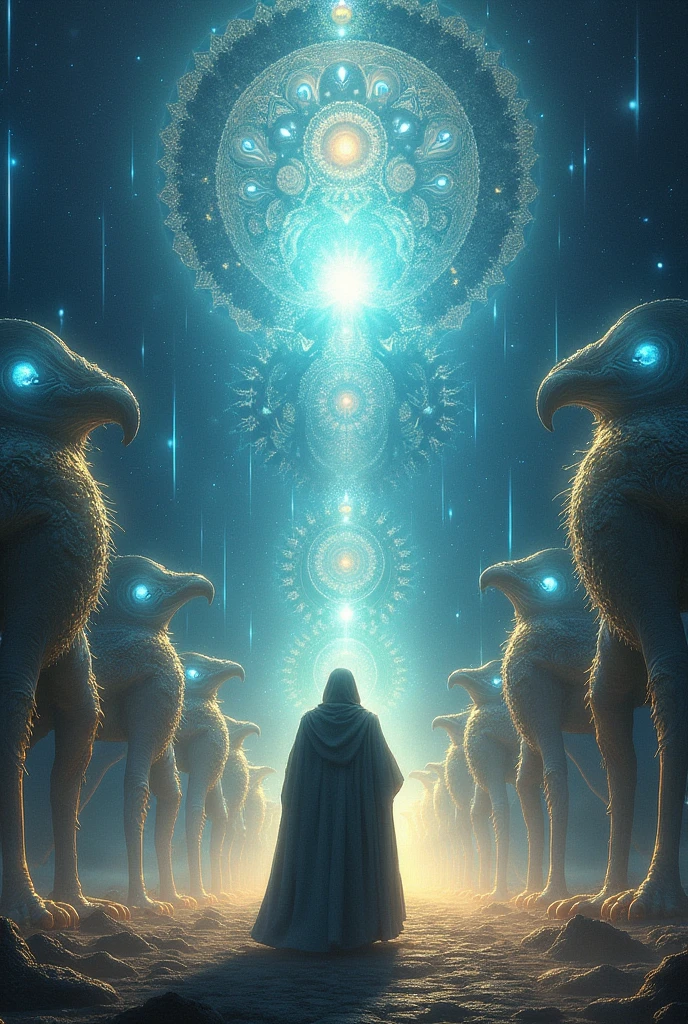 "Ezekiel's supernatural encounter! He saw the inexplicable: celestial creatures with four faces, wheels within wheels – full of eyes – and the throne of God, shining like sapphire!"