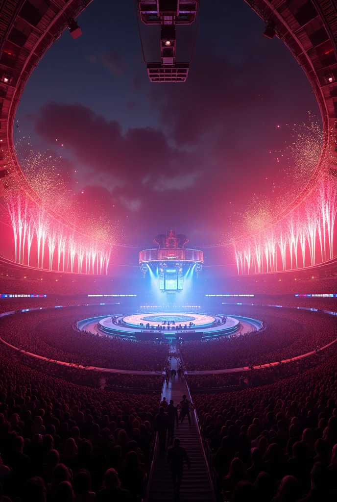 Stage 10 times bigger than the stage of the greatest singer in the world with 1000 lights and 5 screens in a huge stadium. normal stage structure and 100 fireworks being launched