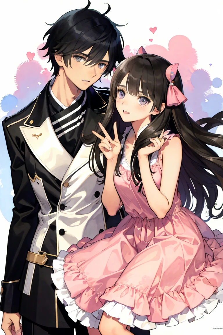 man and woman, couple, love, mature, a cat woman, she has freckles, she has dark brown eyes and an upturned nose, she is happy and smiling, she has long wavy hair, black hair, she is wearing aviator sunglasses with clear lenses in a soft watercolor style. The girl's clothes must be pink, purple, and blue in celebration of the bisexual, with stains of ink and watercolor mixing and filling the scene. he has blonde hair, he is handsome, he is slim. There should be a subtle, nuanced change in colors using the impasto technique with gouache paint. There should be a light rain in the watercolor painting with a little watercolor paper texture and a pastel background.