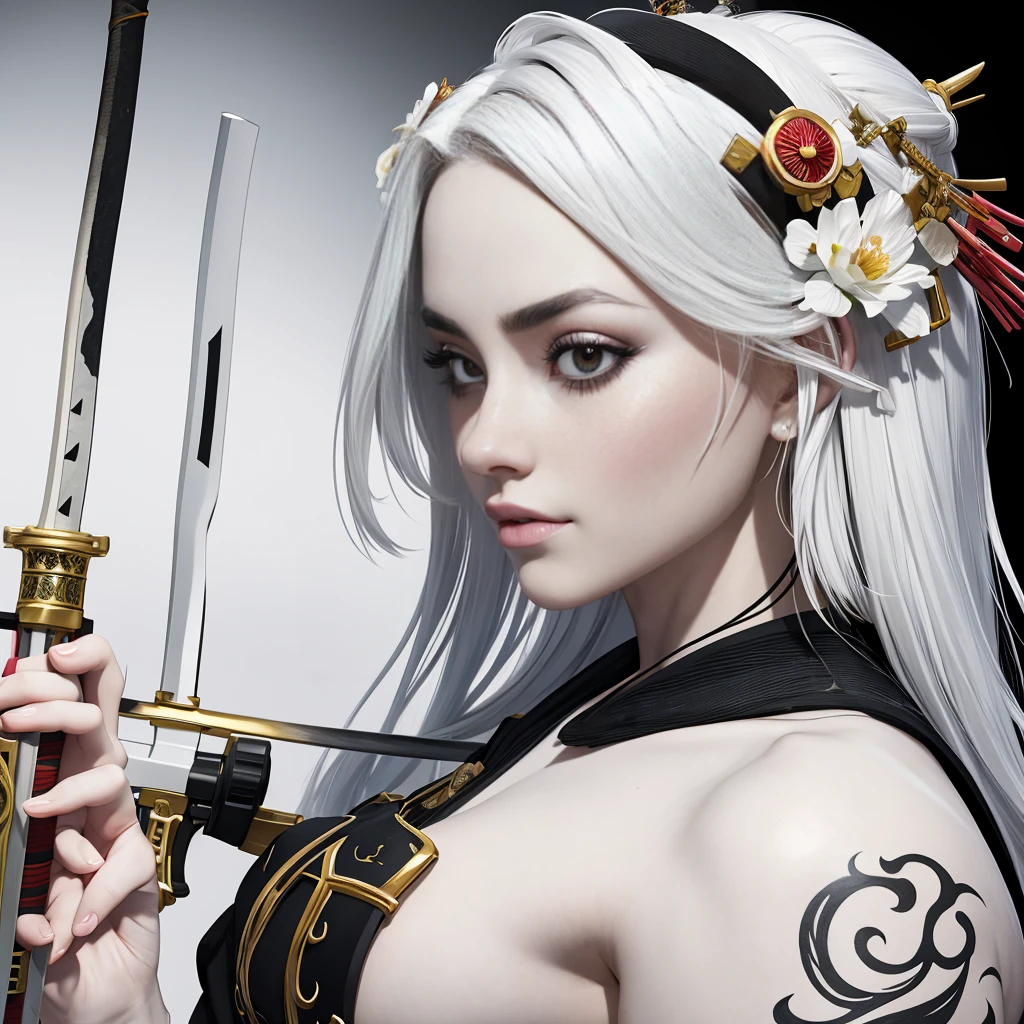 (masterpiece), best quality,1 girl, white hair, long hair, hair decorations, sensual face, white skin, tattooed body, posing, carrying a samurai sword, katana, Masterpiece, best quality, realistic, ultra high resolution, depth of field. (detailed background), (masterpiece: 1.2), (ultra detailed), (best quality), complex and complete cinematic photography, magical, (gradients), colorful and detailed landscape, visual key.,more detail XL