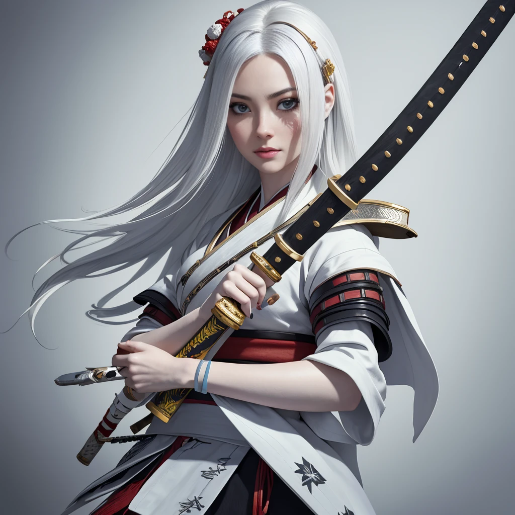 (masterpiece), best quality,1 girl, white hair, long hair, hair decorations, sensual face, white skin, tattooed body, posing, carrying a samurai sword, katana, Masterpiece, best quality, realistic, ultra high resolution, depth of field. (detailed background), (masterpiece: 1.2), (ultra detailed), (best quality), complex and complete cinematic photography, magical, (gradients), colorful and detailed landscape, visual key.,more detail XL