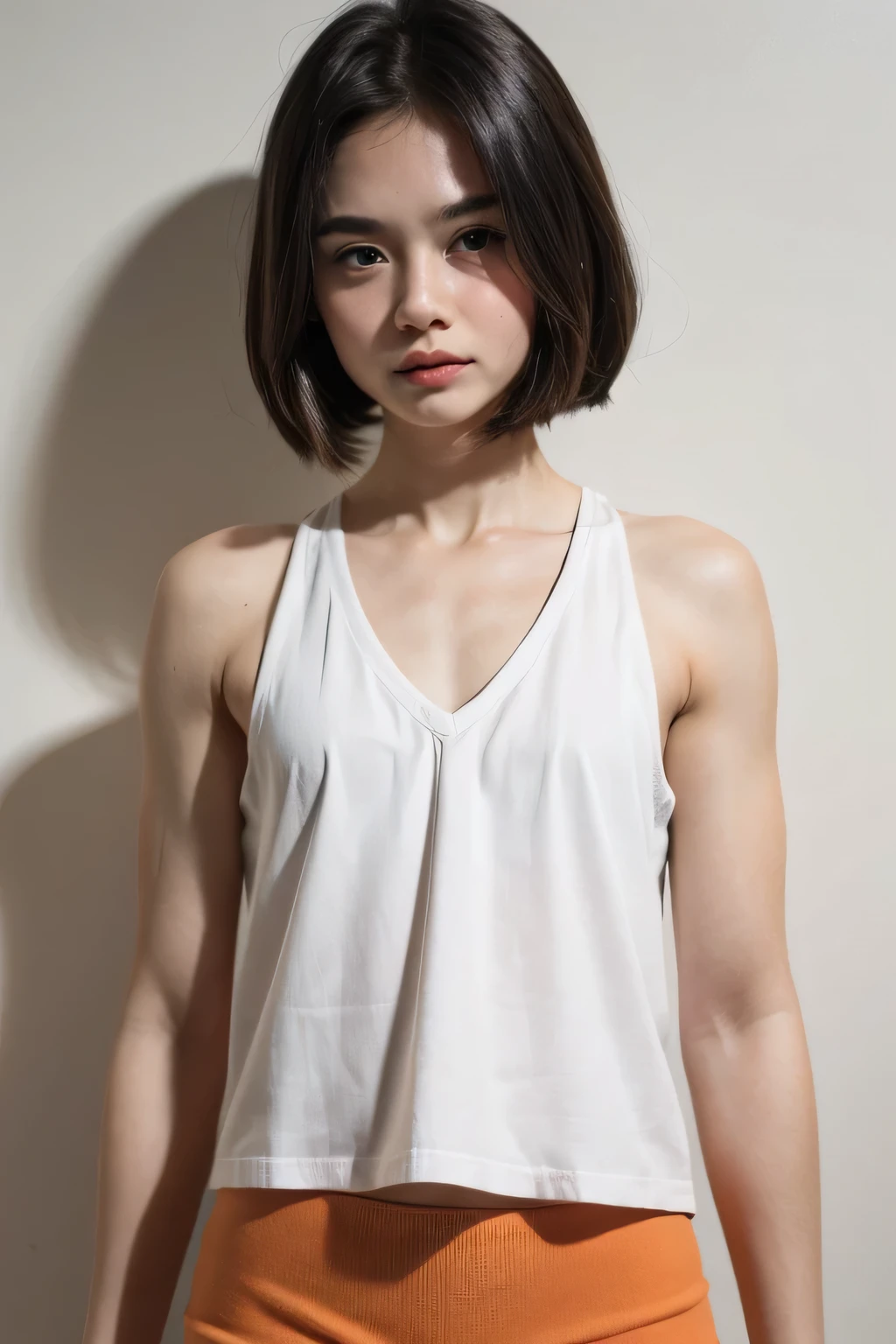 ((Angry Face Expression :1.1)), ((PENCIL HOTPANTS)), adorable, 1 girl, (face to face), , baby face, happy, medium portrait, (face details: 1), (eye details:1), Cute posed. proportional body. Ultra High Res. realistic: 1.4, UHD, poke ((SHORTHAIRCUT STYLISH style)) , (Flat Chest :1.6), ((Arm Muscles:1.33)), ((naked :1.394))